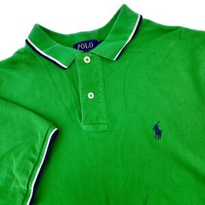 Polo Ralph Lauren Mens Classic Fit Green Pique Polo Shirt Tipped Trim Size M
